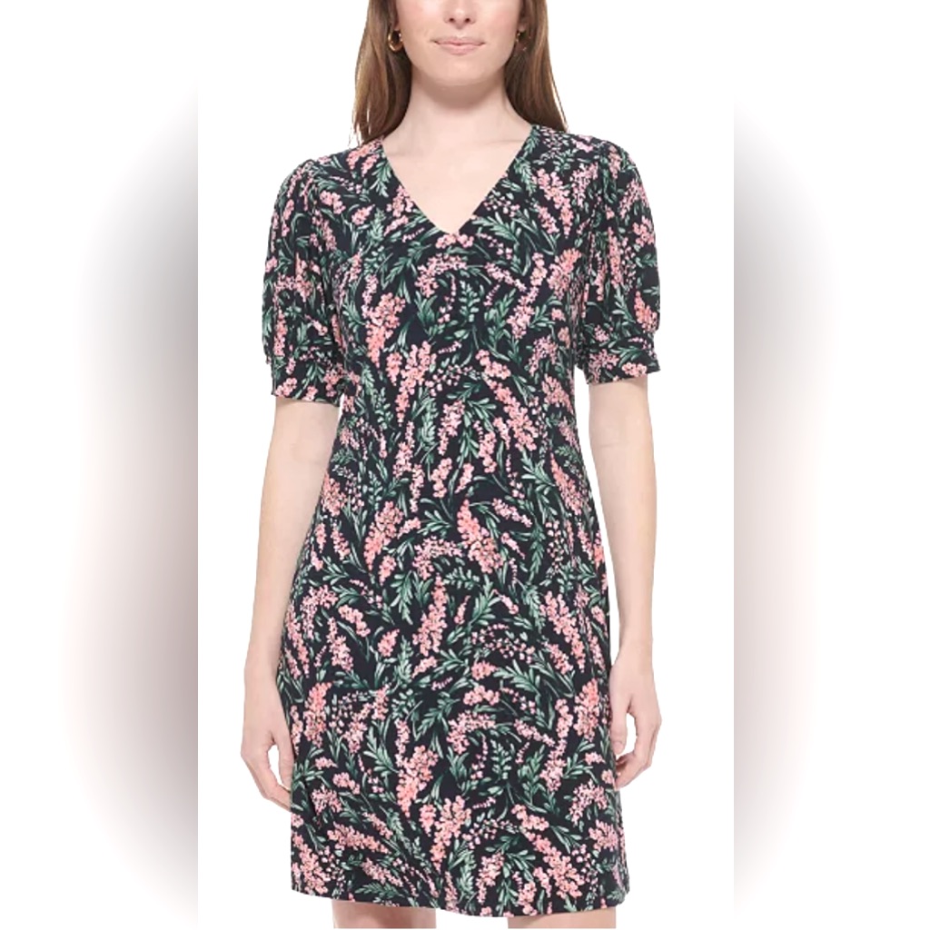 Tommy Hilfiger Short Sleeve Wisteria-Print V-Neck Jersey Dress Tb1